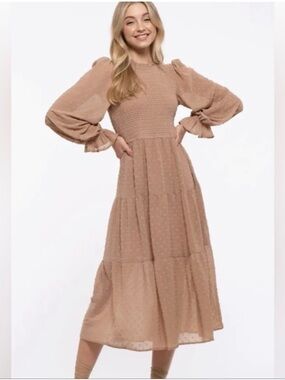 Smocked Tiered Midi Dress in Dusty Rose